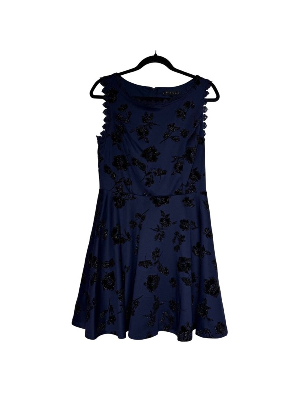 City Studio Cobalt Blue/Black Flocked Velvet Floral Fit & Flare Dress Sz 11
